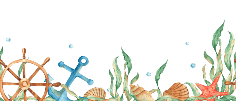 Horizontal watercolor sea, marine seamless border pattern. Nautical anchor, wooden steering wheel, red starfish, seaweeds, seashells, water bubbles. Hand drawn illustration. Can be used for fabric png