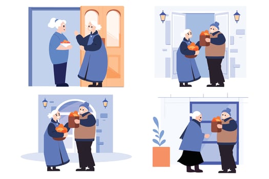 Hand Drawn Elderly people talking in front of the house in flat style vector