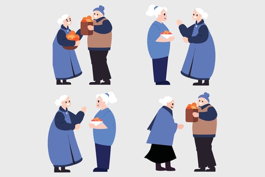 Hand Drawn Elderly people talking in front of the house in flat style vector