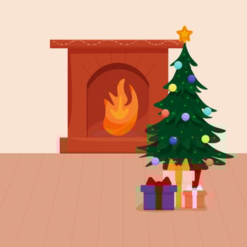 Christmas room with a fireplace and a green Christmas tree with gifts. Vector. vector