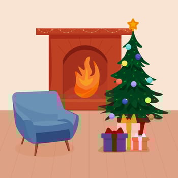 The interior of a Christmas room with a fireplace, an armchair, a green Christmas tree with gifts. Vector. vector
