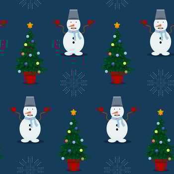 Seamless Christmas pattern with a snowman, a Christmas tree and snowflakes. Illustrations on a blue background. Vector illustration
