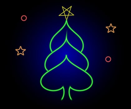 Neon Christmas tree with star, glowing icon. Neon New Year tree silhouette, outline Christmas tree in vivid colors. Festive fir with neon light. Icon set, sign, symbol for UI. Vector illustration