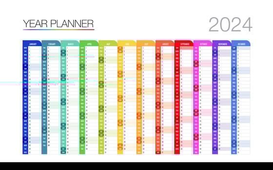 12 month year plan week and day color calendar template design for business vector