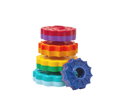 Multicolored plastic round discs for children's pyramid play. Yellow with green, blue with blue, orange and yellow, purple disks with wavy edges for young children to play without background. png