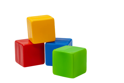 Multicolored plastic cubes for children's games. The yellow cube stands on top of the red and blue, the green one next to it. No background. One on one. High quality photo. png