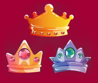 Crowning headdress for king and queen. Royal golden noble aristocrat monarchy red and Green jewel crowns. Monarch jewels royalty luxury coronation cartoon vector isolated icons set