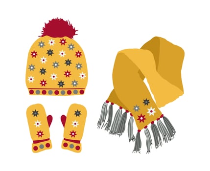 Yellow Hat with a Pompom, Scarf and Mitten Set Knitted Seasonal Winter Traditional Accessories with stars vector