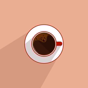 Hot coffee in red ceramic cup on brown background, vector illustration in flat style