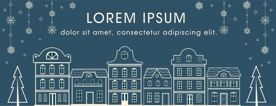 Template with row of houses lineart drawing. Horizontal banner with european city landscape. Scandinavian architecture. Buildings skyline. Vector illustration.