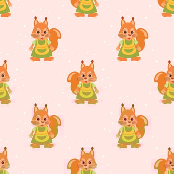 Seamless pattern, cute cartoon squirrel character wearing a housewife apron. Children's print, background, textile. Vector