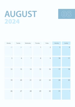 Vertical calendar page of August 2024, Week starts from Monday. vector