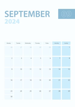 Vertical calendar page of September 2024, Week starts from Monday. vector