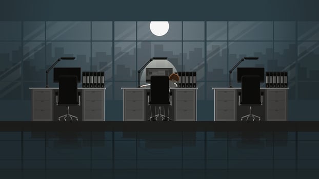 Night of office man sleeping on chair in his desk at office workplace vector