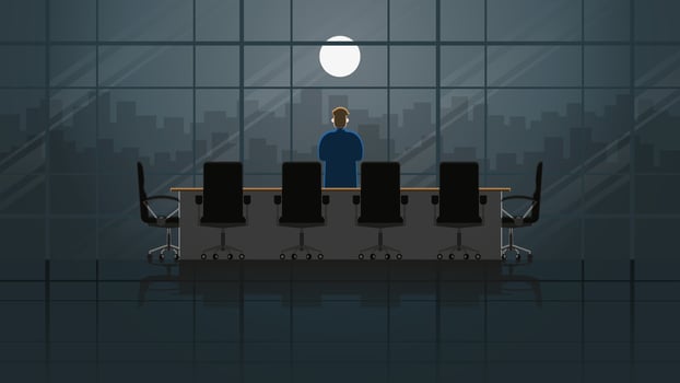 usinessman stand and thinking at the window of office building in meeting room at night vector