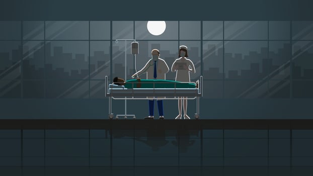 Senior doctor and nurse intend working check up sick patient sleep on bed in hospital. vector