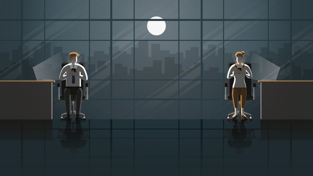 Employees man and woman using smartphone working on laptop in office. Work in the dark vector