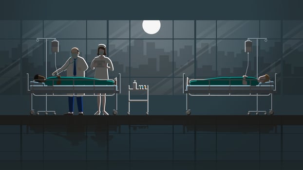 Senior doctor and nurse intend working check up sick patient sleep on bed in hospital. vector