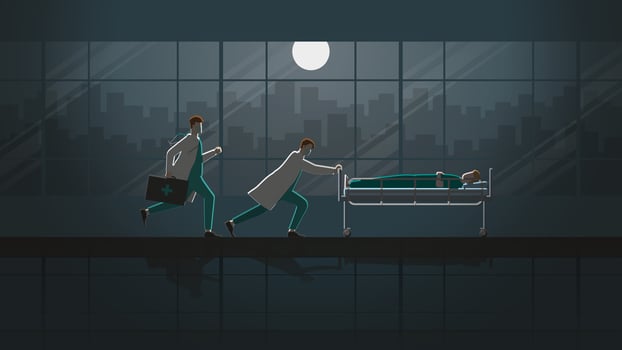 wo doctors run and push sick patient sleep on bed in hospital ward at night vector