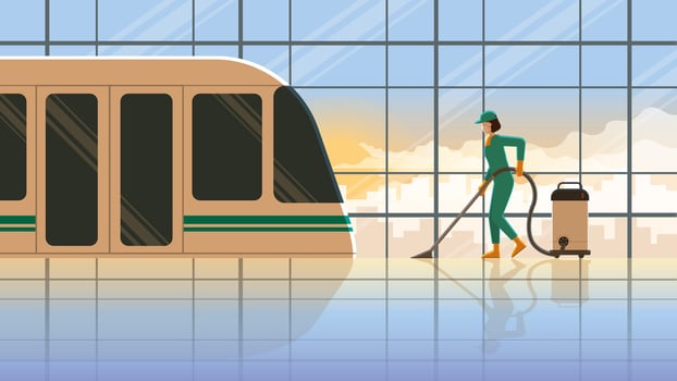 A woman cleaning maid working at public transportation train operation maintenance center vector