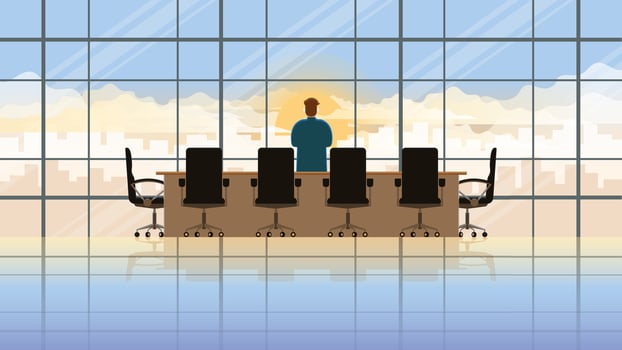 Businessman stand think and look outside the window of company office building vector