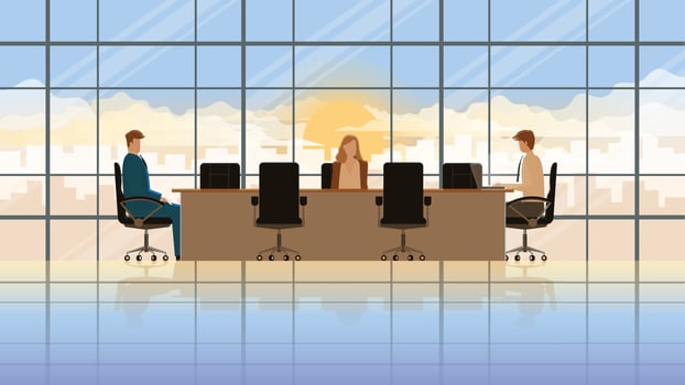 Working overnight. Office people boss and employee in workplace meeting conference room. vector