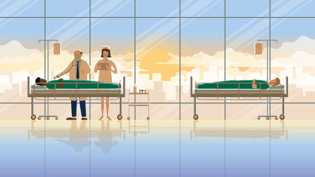 Senior doctor and nurse intend working check-up sick patient vector