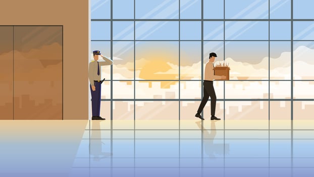 Layoff unemployed and fired businesspeople sorrow leaving from office with his stuff box vector