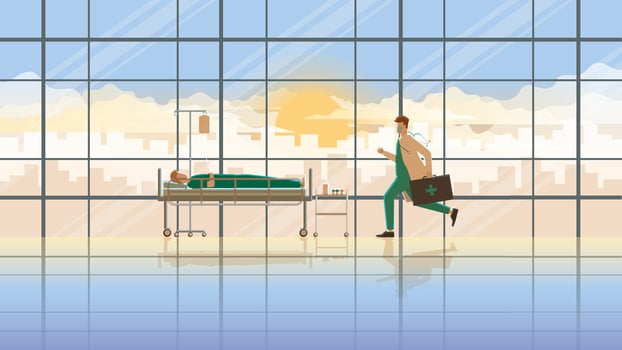 The doctor suddenly runs for a sick patient sleeping on the bed in the hospital ward vector