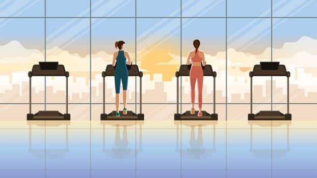 Love at first sight between man and woman running on treadmill at fitness center vector