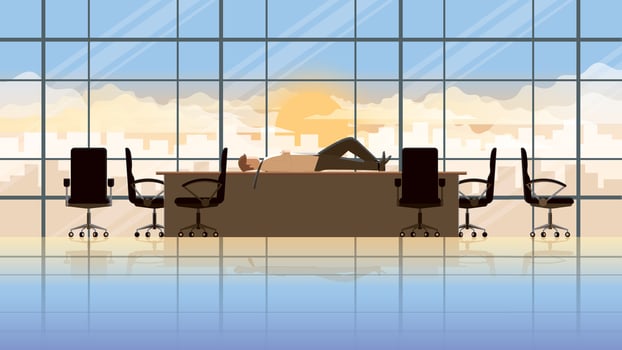 Overwork tired office man lay down sleep on the seat in conference room with messy chair vector