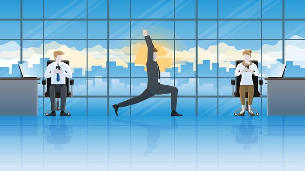 Yoga posture businessman does yoga pose at workplace. Get attention from colleagues vector