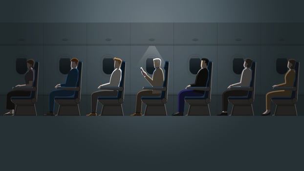 A senior white hair man is reading a book in a plane cabin alone in the dark vector