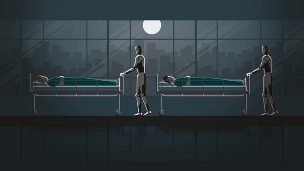 Medical robots transport and convey beds of sick patients in a hospital at the night vector