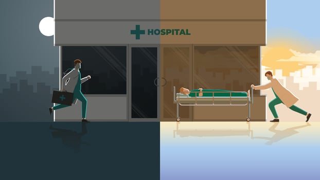 Day and night concept of a doctor run to a hospital for a late night shift duty vector