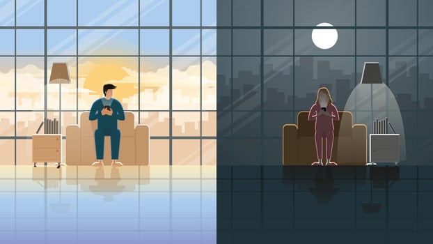 Long distance relation of men and women live in different time zone. vector