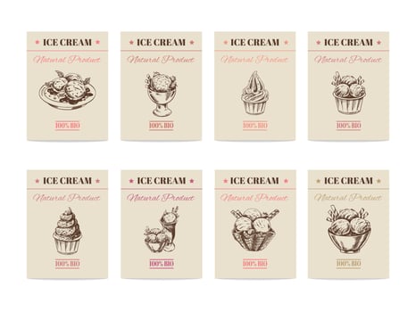 Hand-drawn banners with ice cream in sketch style. Vintage vector illustration. The concept of dessert is a sweet dish in a vintage doodle style.