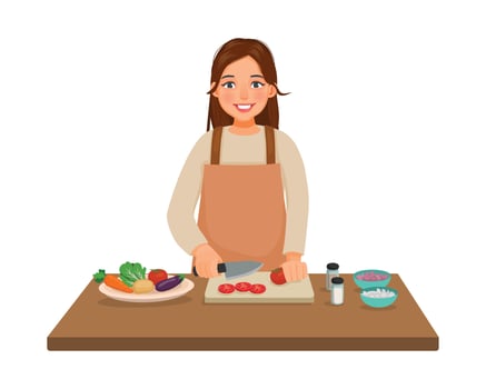 Young woman cooking meal cutting slicing tomato vegetable with knife in the kitchen vector