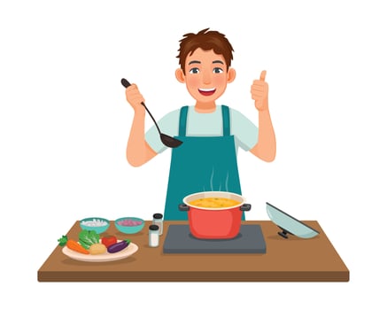 Young man cooking delicious vegetable soup in the kitchen making thumb up gesture vector