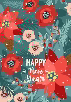 Christmas and Happy New Year card with Christmas tree and flowers. Trendy retro style. Vector design template.