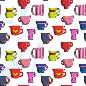 Vector bright colorful seamless pattern of mugs, lollipops and candy in doodle style