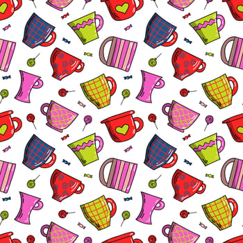 Vector bright colorful seamless pattern of mugs, lollipops and candy in doodle style