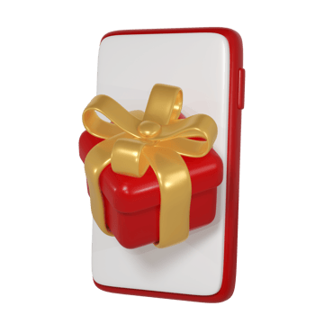 3d red Christmas gift box icon with golden ribbon bow and smartphone. Render modern holiday. Realistic icon for present shopping banner or poster png