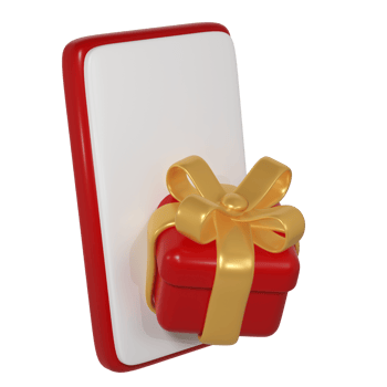 3d red Christmas gift box icon with golden ribbon bow and smartphone. Render modern holiday. Realistic icon for present shopping banner or poster png