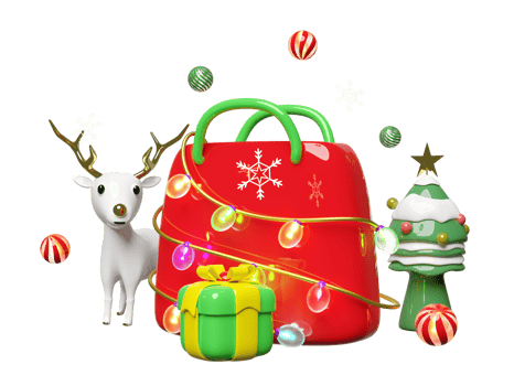 3d shopping paper bags with glass transparent lamp garlands, reindeer, decorative ball, snowflake, christmas tree, gift box. merry christmas and happy new year, 3d render png