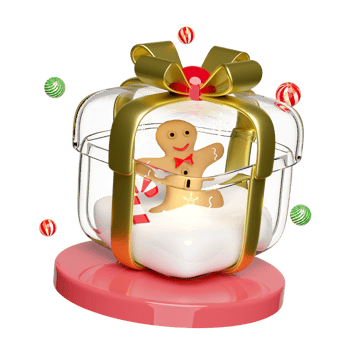 gift box glass transparent with gingerbread man, candy cane, snowflake, podium. merry christmas and happy new year, 3d render illustration png