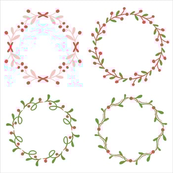 Collection of hand drawn Christmas wreaths with fir branches, red berries, leaves. Round frame for winter design such as Christmas card, poster, invitation, banner. Vector