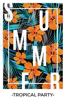 Summer tropical hawaiian background with palm tree leaves and exotic flowers vector