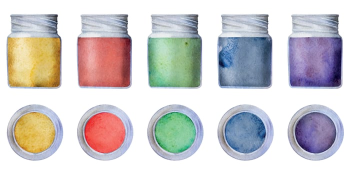 Watercolor hand drawn illustration, kids children paint materials supplies, mix color bottle, side and top view stationery. Single object isolated on white. For school, shop, party, cards, website vector