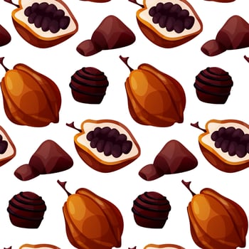 Seamless pattern with cocoa bean, dark, white chocolate bar pieces, candy. Chunks, blocks of brown chocolate. Milk sweet dessert, cooking ingredient for confectionery shop for poster, banner. vector